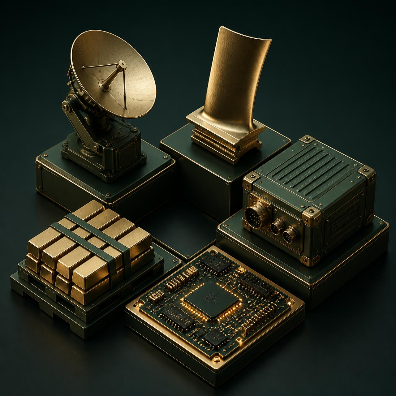 Isometric composition of defence supply components — radar, turbine blade, avionics circuit board, alloy billets, rugged electronics enclosure